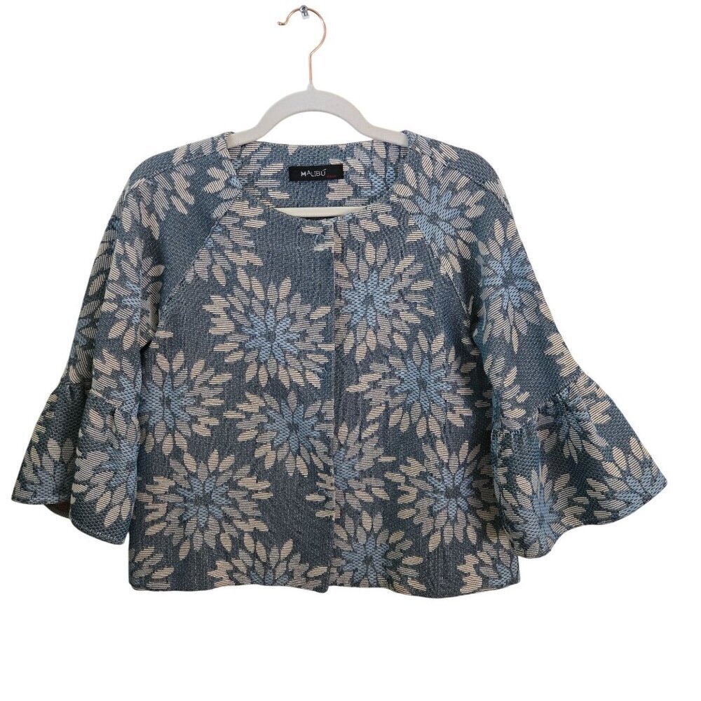 Malibu Italy Jaquard Blue Beige Floral Bell Sleeve Snap Closure Jacket Size 38/M